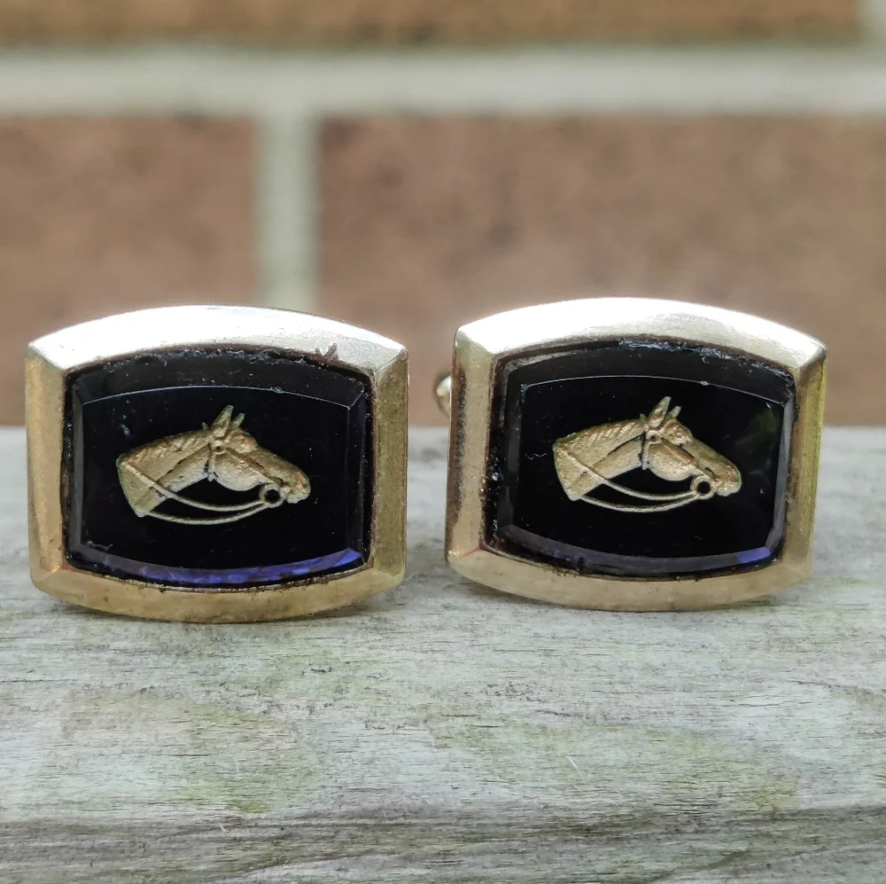 🐴 Vintage Embossed Blue Glass Horse Cufflinks